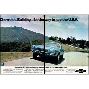 1972 Chevy Camaro Coupe 2 Page Vintage Print Ad Better Way to See the USA Art